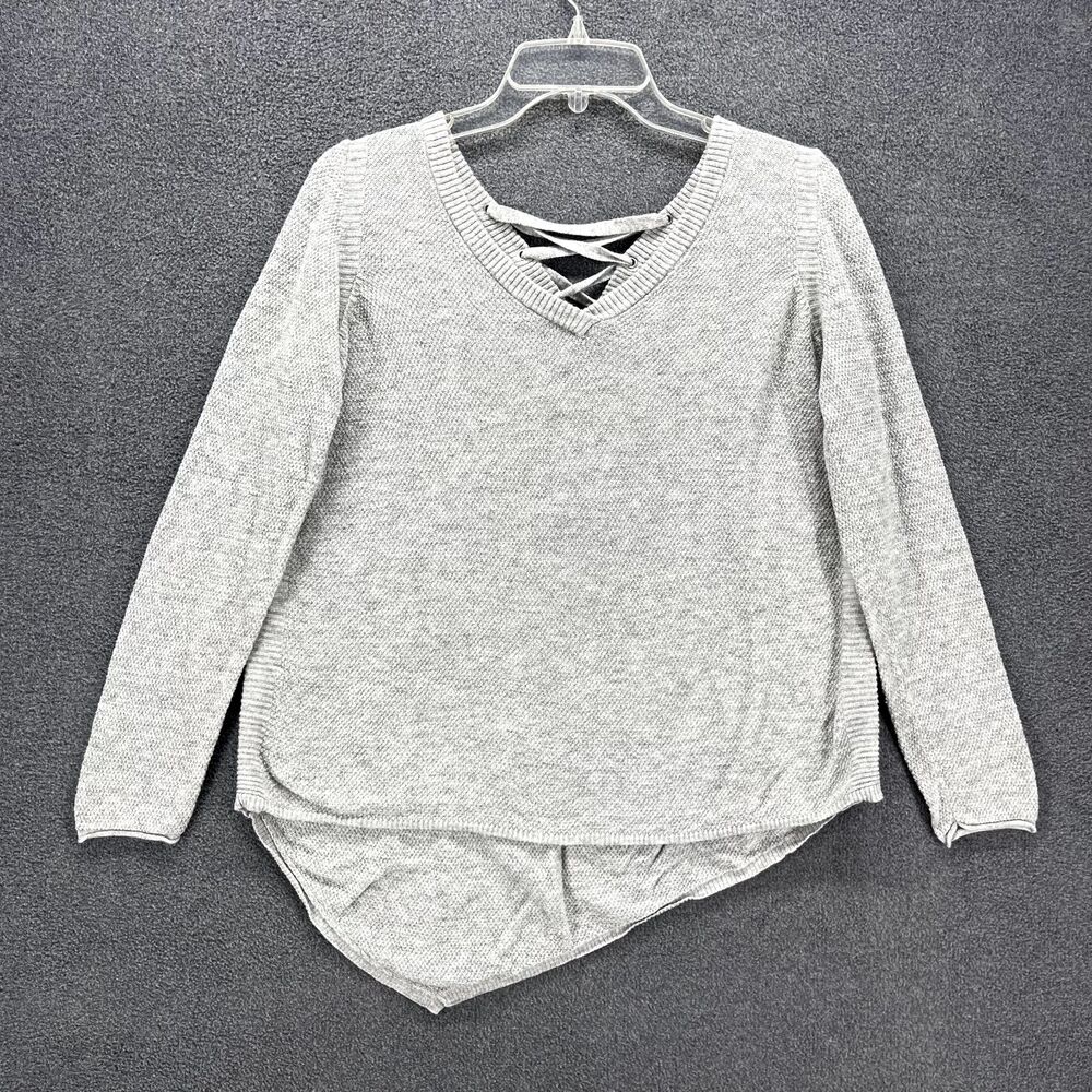 Democracy Sweater‎ Womens Small Gray Knit Top Asymmetric back Lace up V neck